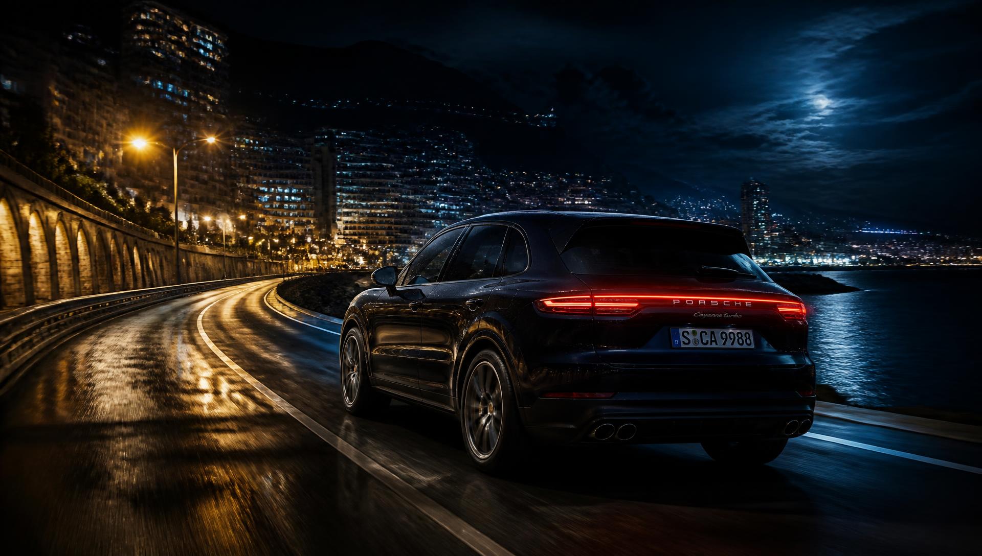 Luxury SUV driving along a coastal highway at night
